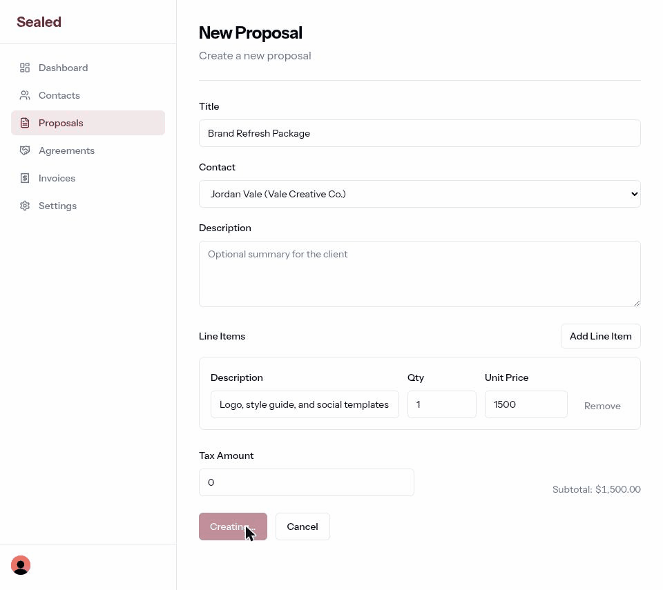 Walkthrough of creating a proposal, sending it, the client accepting it, and the agreement going out for e-signature in Sealed